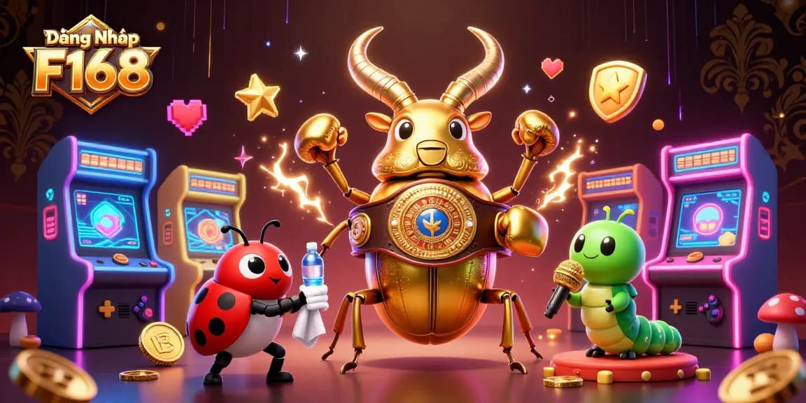 Join the excitement of Đăng Nhập F168 with vibrant gaming characters battling for prizes in a colorful 3D casino.