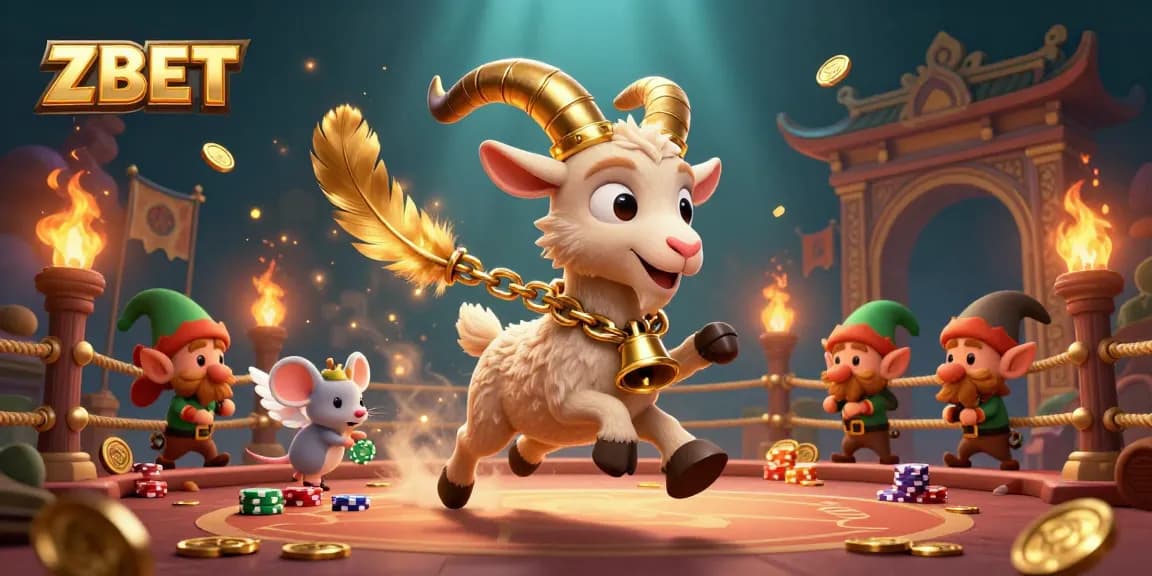 ZBET casino scene with a Krampus goat, angel mouse, and gremlins amidst gaming excitement.