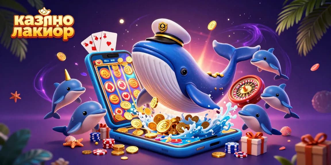 Engage with казино лакибир's vibrant gaming world featuring a whale, narwhal, and dolphins amidst colorful casino elements.