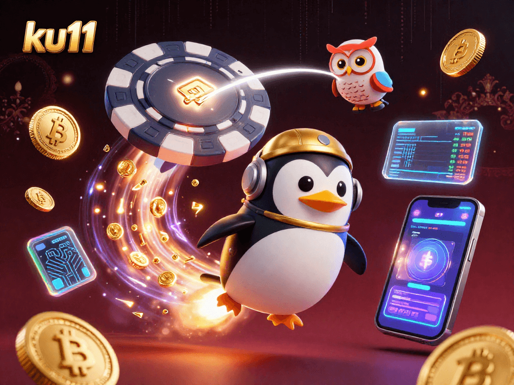 Experience excitement with ku11's golden penguin heading to a casino chip, surrounded by crypto coins.