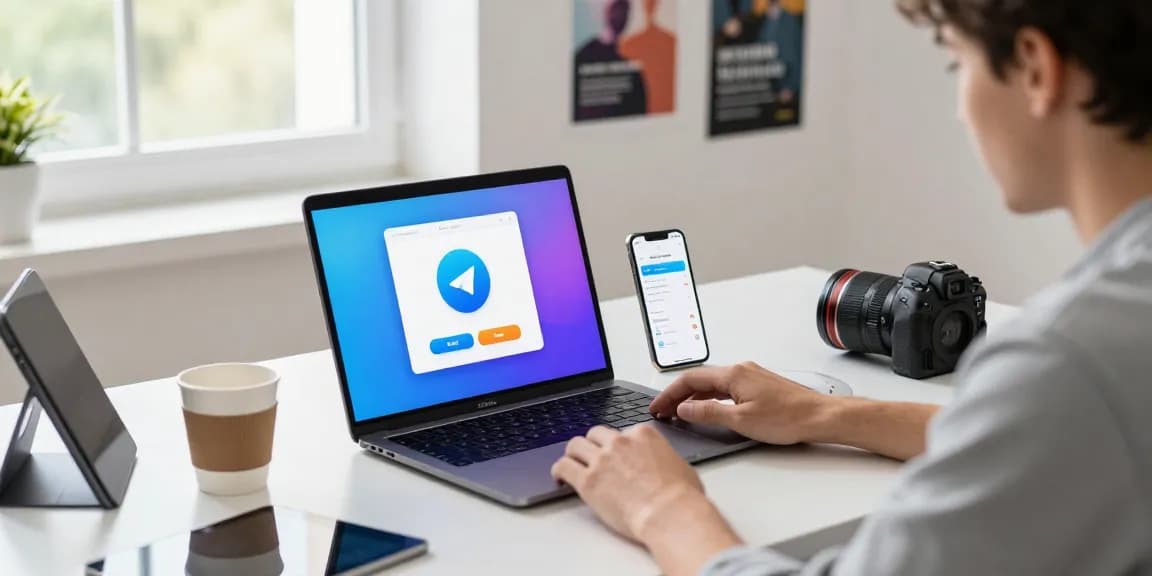 Discover Telegram Download on a sleek desktop setup with a user engaging with tech gadgets and modern workspace elements.