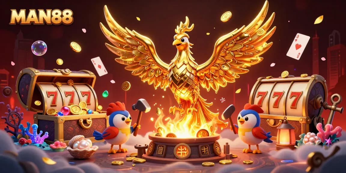 Experience engaging gameplay at MAN88 with golden phoenix rising amidst thrilling casino elements.