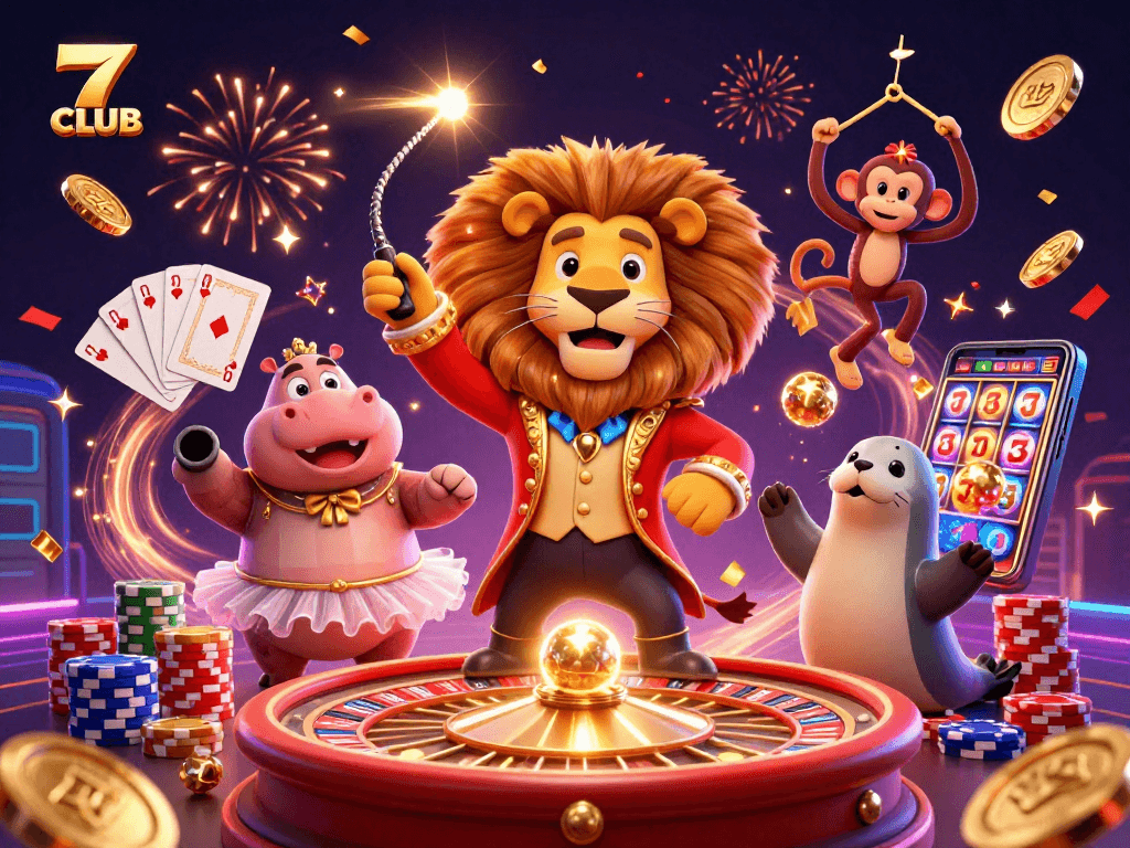 Experience thrilling moments at 7CLUB casino with fun characters and dynamic gaming elements.