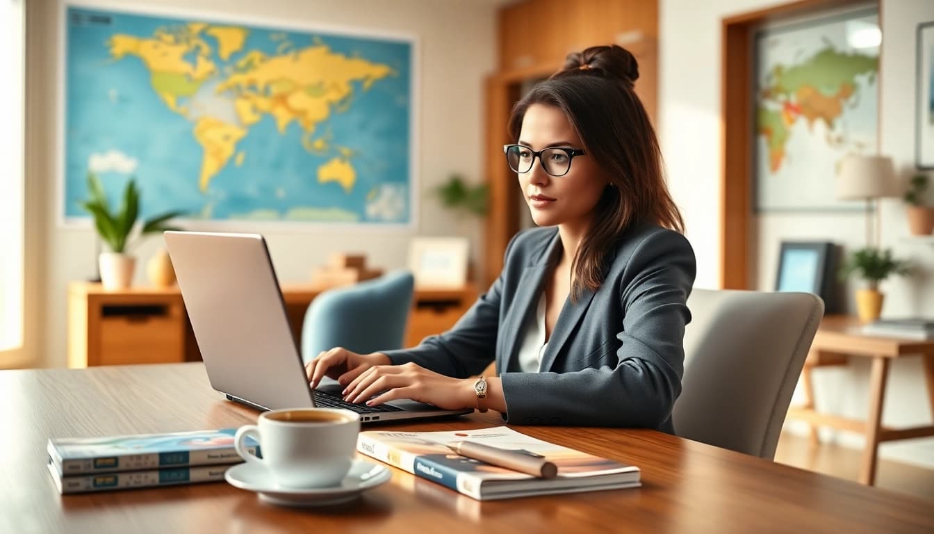 Complete the eta application uk process with a traveler engaged at a home office desk.