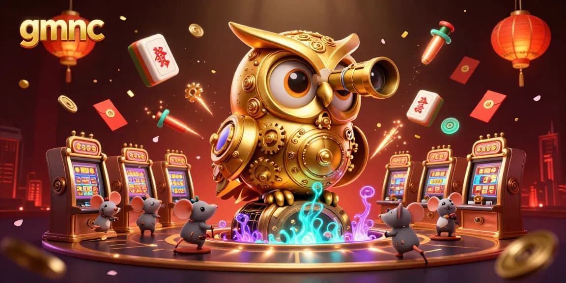 Visualize gmnc's innovative casino solutions with a whimsical cartoon owl and vibrant gaming elements.