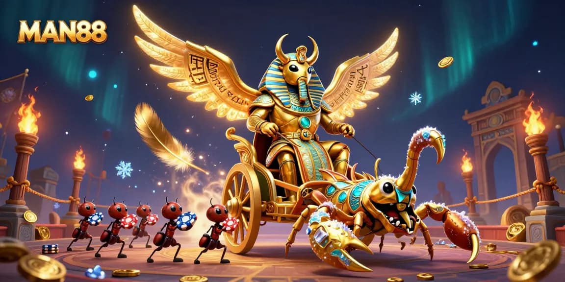 Engage with MAN88's thrilling casino experience, featuring a golden scarab and dynamic characters.