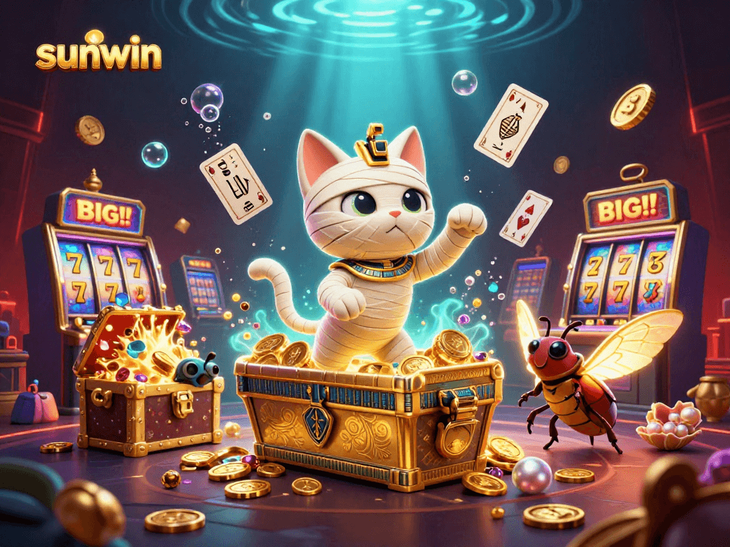 Engage winning strategies at Sunwin's exciting casino scene featuring a mummy cat and scarab beetle.