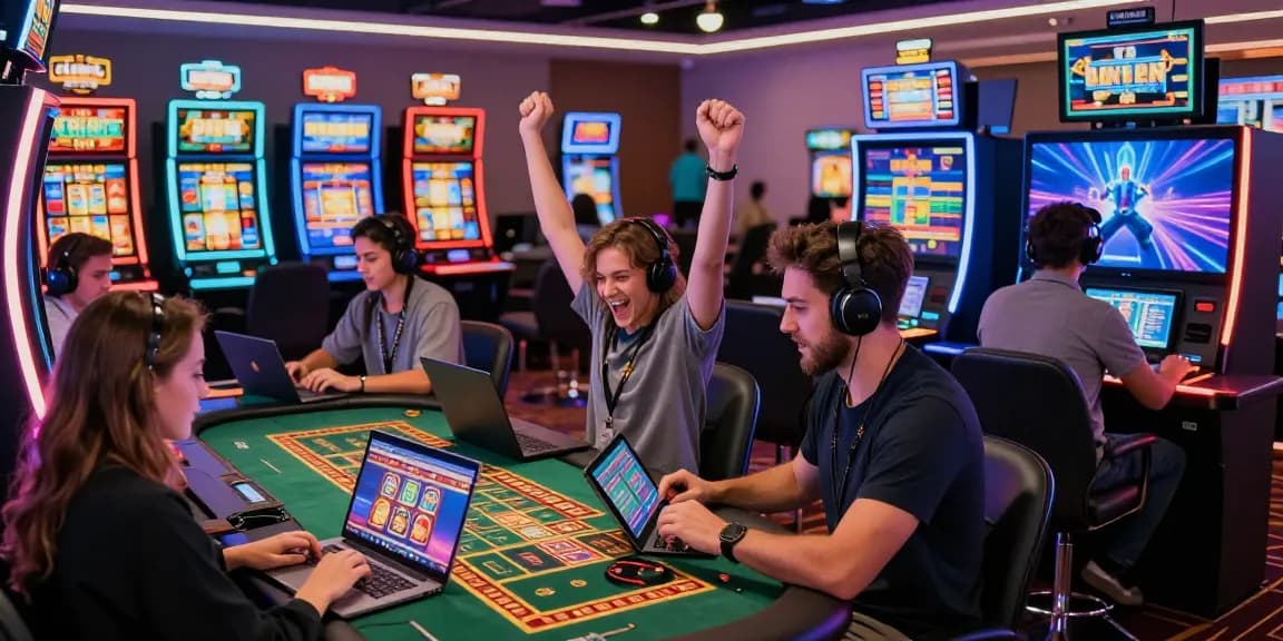 Exciting online gaming scene at non UK casinos featuring players on laptops and vibrant slot machines, showcasing https://sssk.org.uk.