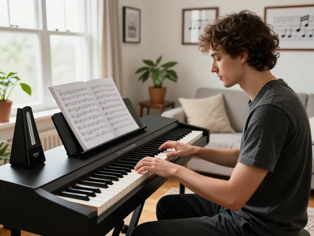 Engaging musician exploring the GO 88 piano in a cozy, sunlit room.