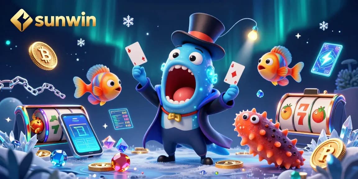 Experience the magic of gambling with sunwin as characters perform dazzling tricks surrounded by crypto coins.