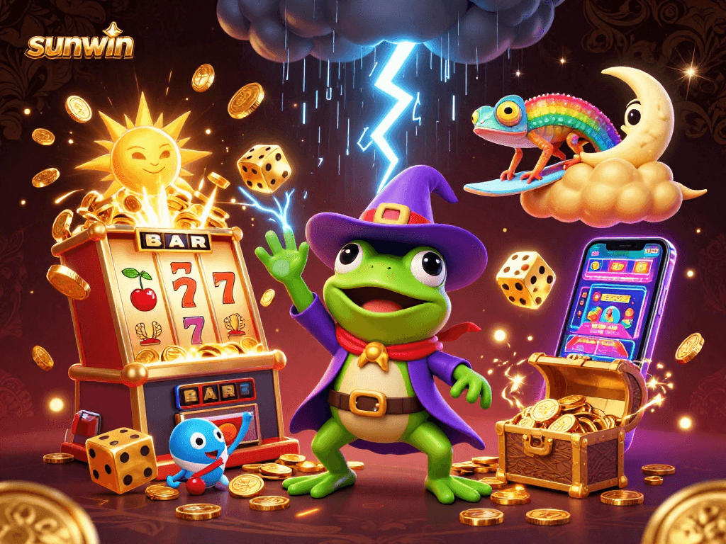 Experience sunwin's exciting jackpot action with a wizard frog and vibrant casino elements.