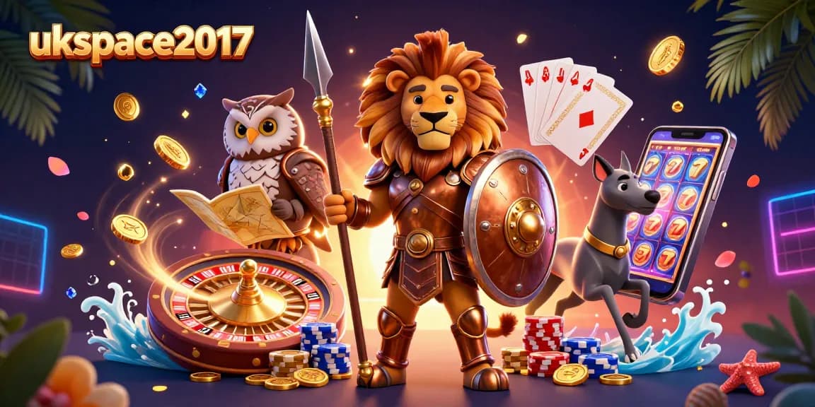 Play at ukspace2017's top credit card casinos, featuring a lion, owl, and greyhound amidst sparkling gems.