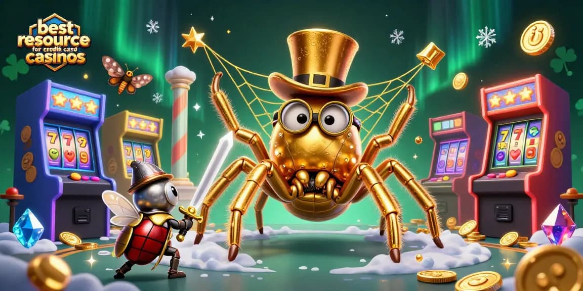 Engage with the best resource for credit card casinos featuring a golden tarantula and beetle knight in an exciting casino scene.