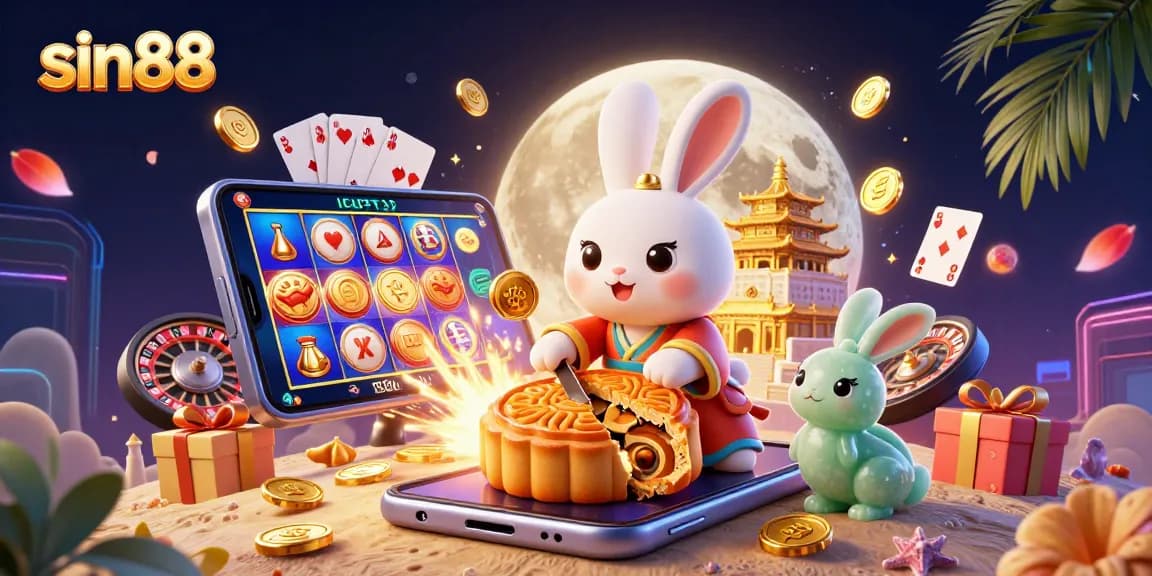 Experience sin88’s thrilling casino atmosphere with the moon rabbit and poker elements bursting with vibrant energy.