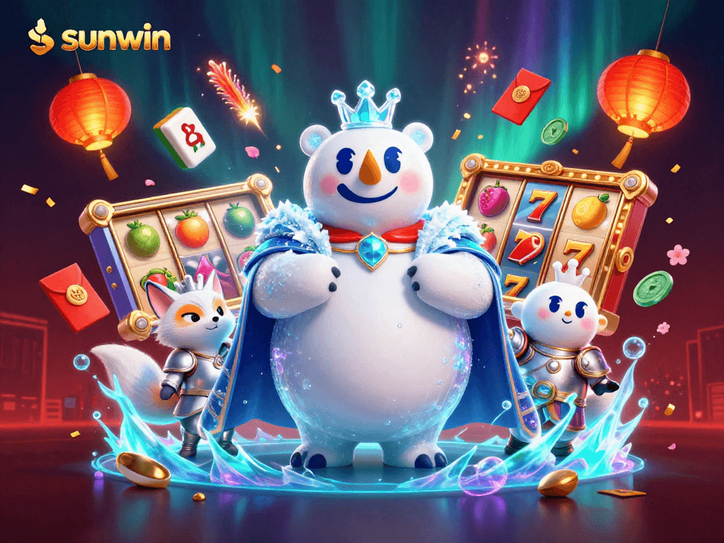 Join the sunwin adventure with a regal polar bear and armored fox amid a dynamic casino scene.