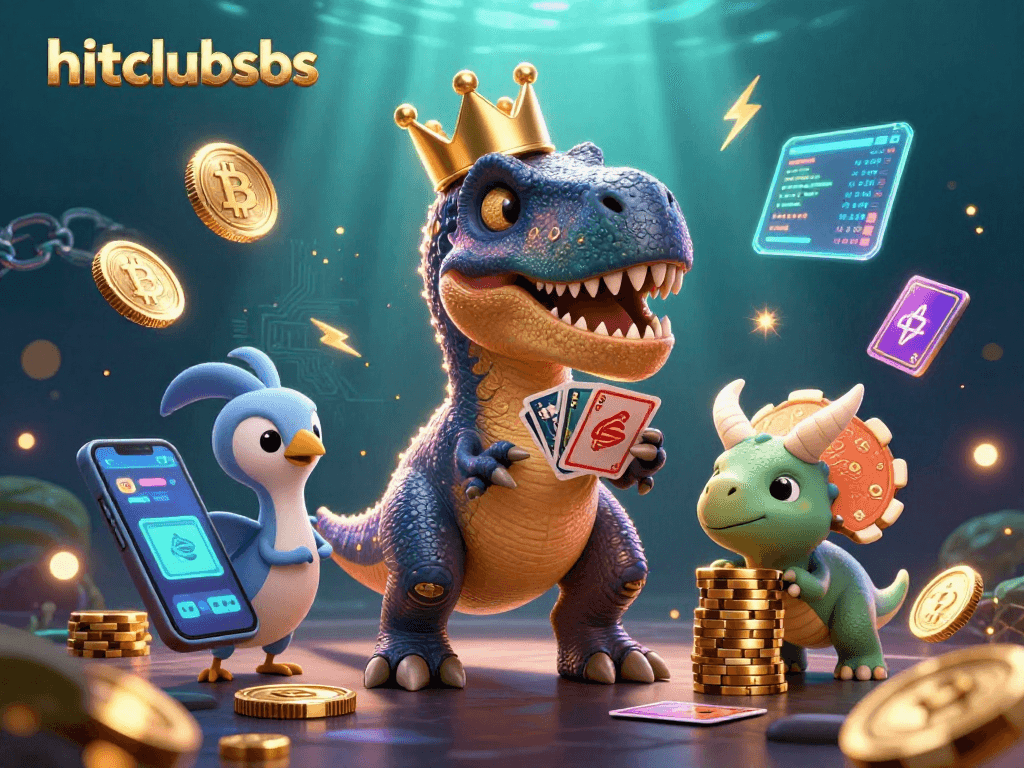 Engage with hitclubsbs in this dynamic crypto casino scene featuring T-Rex card shuffling.