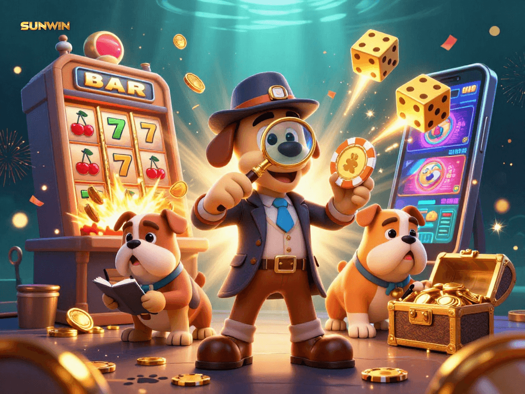 Experience SUNWIN's exciting jackpot scene with a detective and bulldog uncovering treasures in a vibrant casino atmosphere.