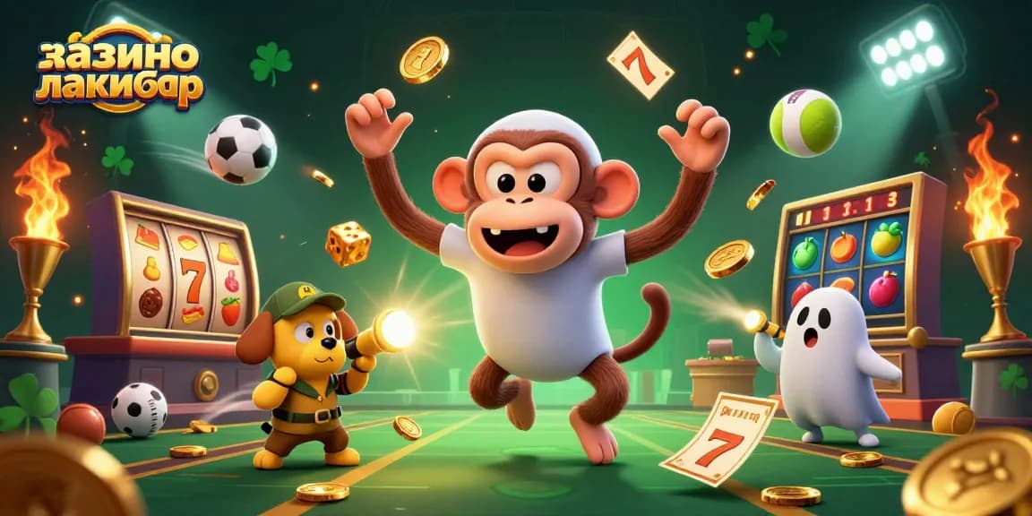 Engage with казино лакибир's vibrant game atmosphere featuring a whimsical scene of a lively poltergeist monkey and a curious puppy.
