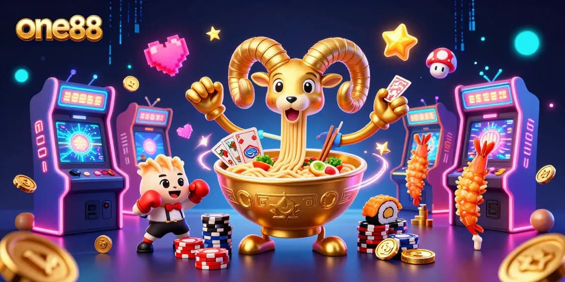 Compete with one88's vibrant casino illustration featuring unique characters and game elements.