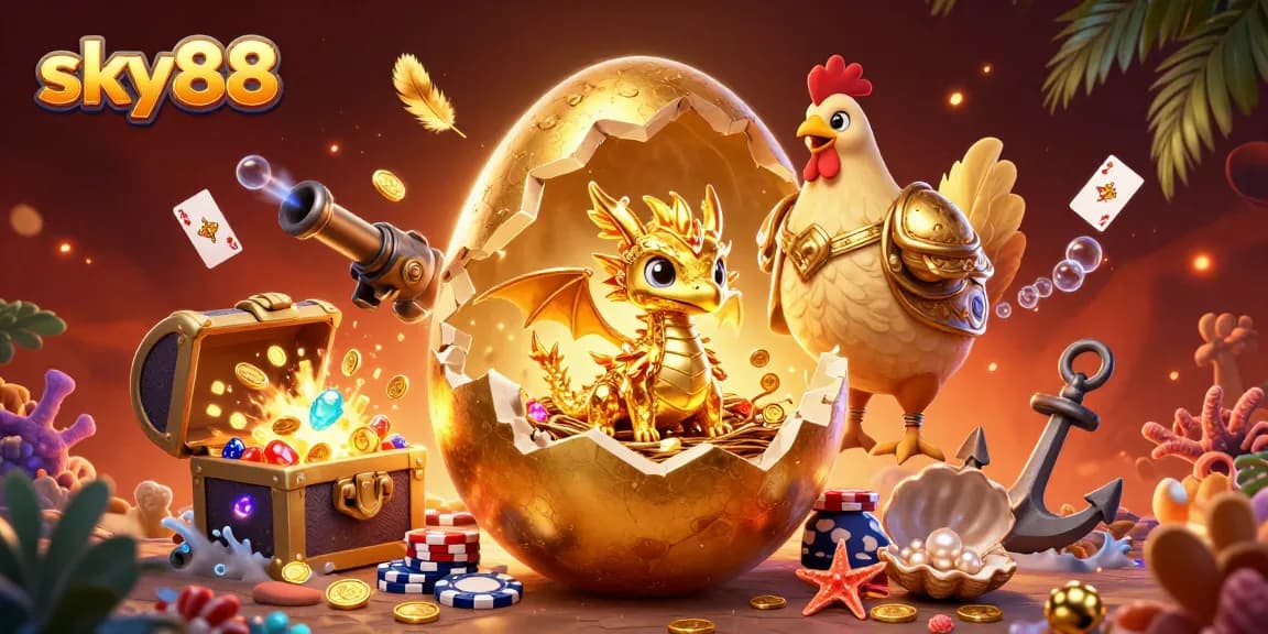 Experience sky88's thrilling atmosphere with a golden dragon amid lively casino elements.