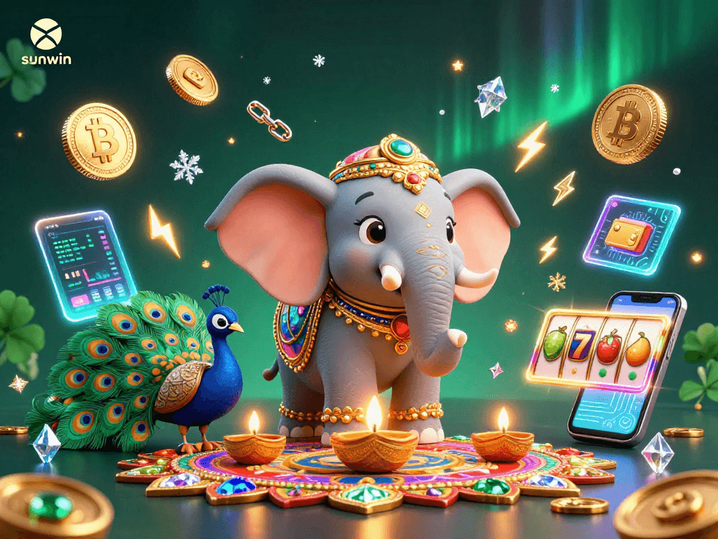 Engage in the sunwin experience with vibrant 3D illustrations of a festive casino adventure.