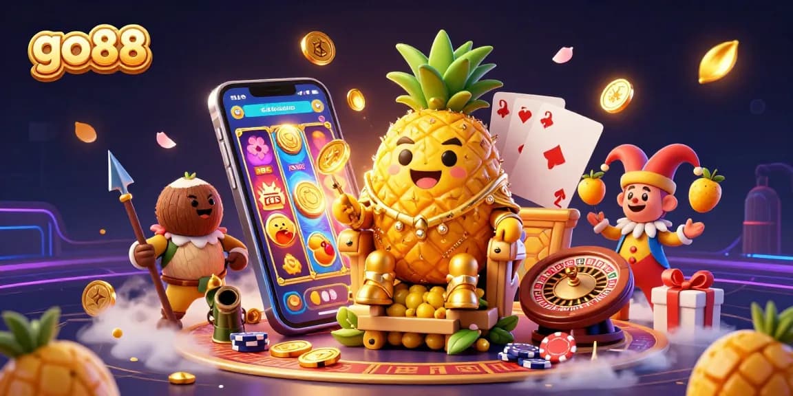Engage in fun with go88's vibrant casino scene featuring a golden pineapple king and festive characters.