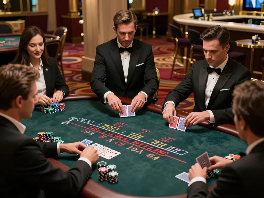 Engaging blackjack game at a luxurious casino showcasing gk88 strategy with players and dealer