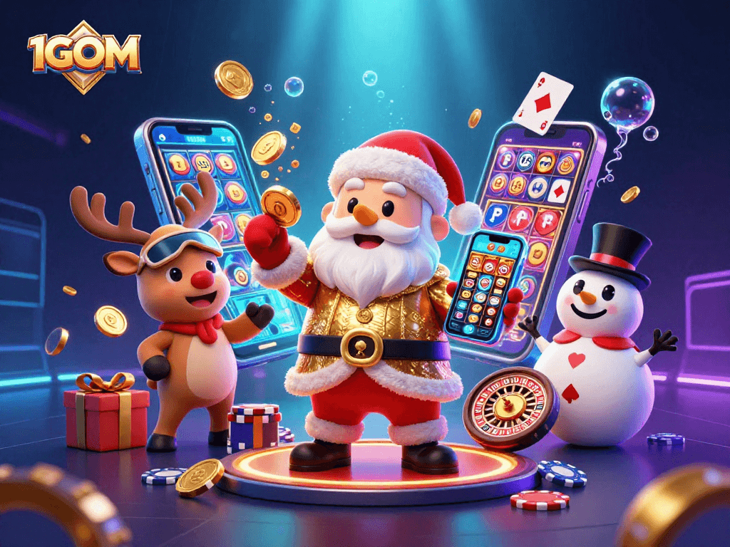 Engage with 1GOM's thrilling jackpot slot experience alongside festive characters in a vibrant casino scene.