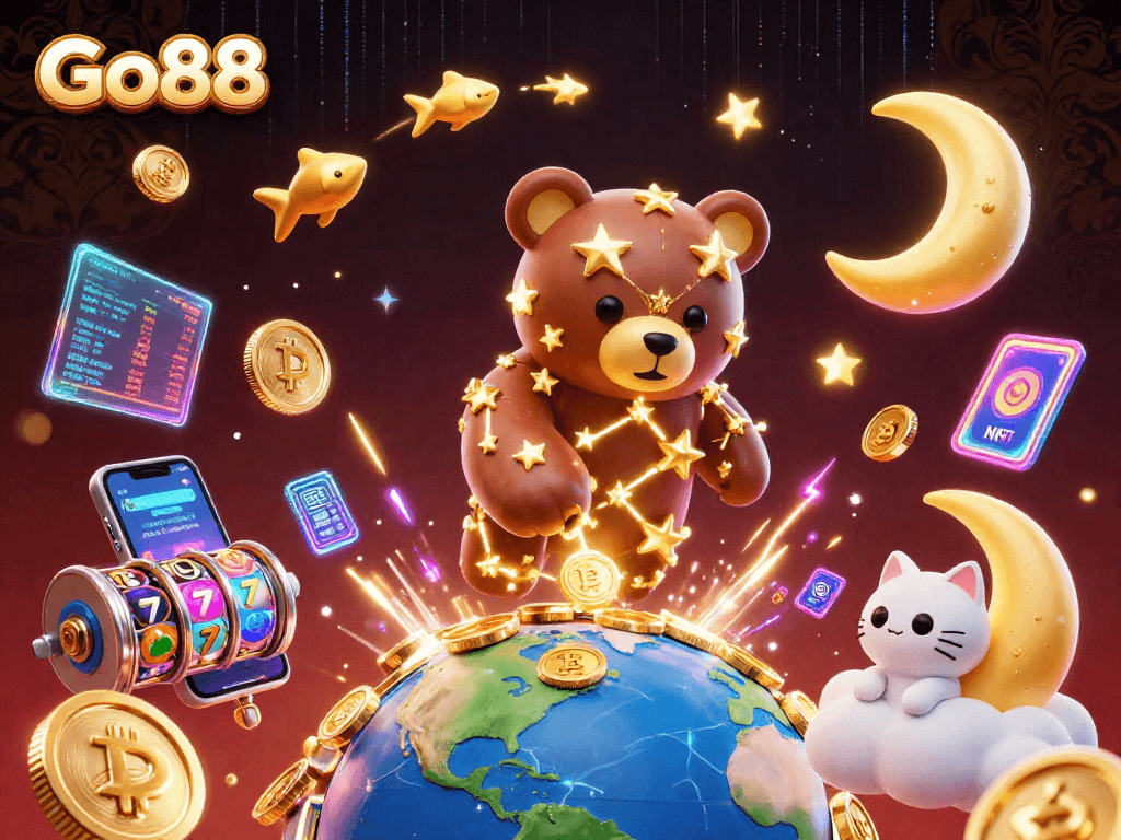 Engage with Go88's vibrant casino world featuring rich 3D illustrations of characters and dynamic gaming elements.