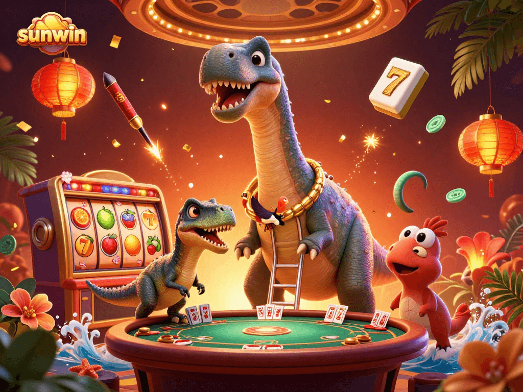 Experience thrilling gameplay at sunwin with a massive brontosaurus dealer amidst vibrant slot icons.