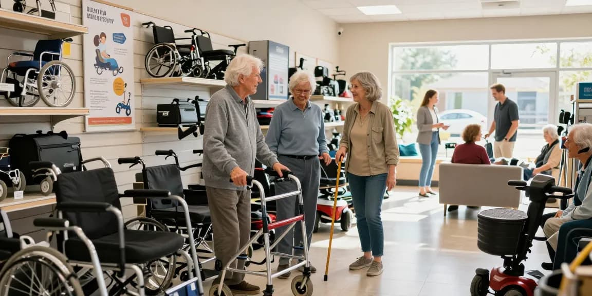 Buy nobility aids: elderly couple choosing mobility aids in a bright retail store.