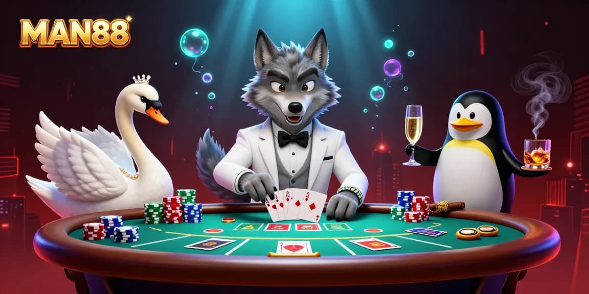 MAN88 offers thrilling casino action with a debonair wolf, elegant swan, and penguin sommelier in a vibrant scene.