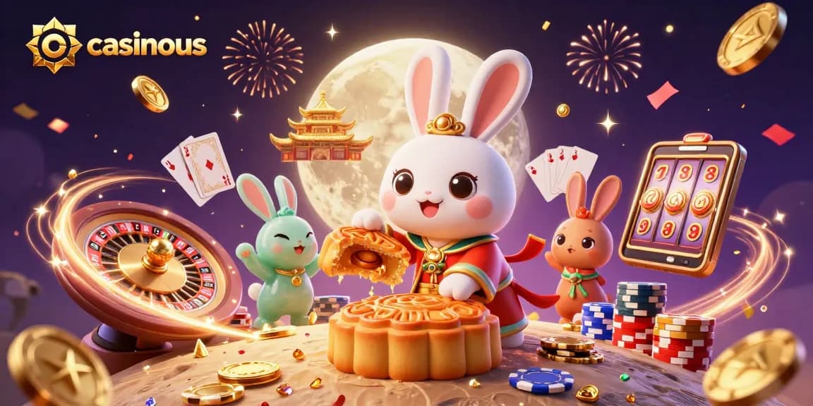 Experience the excitement of casinous with a cartoon moon rabbit crafting mooncakes, revealing poker chips amidst casino elements.
