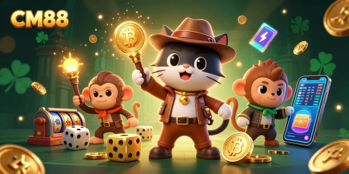 Experience CM88's vibrant casino world with an adventurous cat and monkey uncovering hidden treasures.