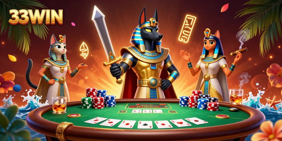 Engage with exciting 33WIN gaming moments featuring Anubis, Bastet, and vibrant casino elements.