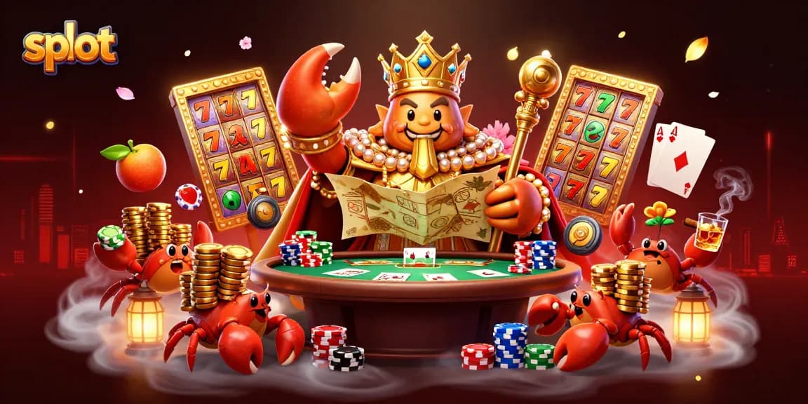 Engage in thrilling slot gameplay with golden crab emperor and treasure map in a vibrant casino scene.