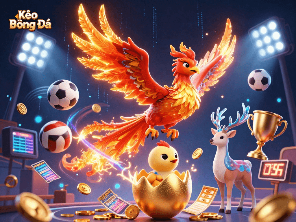 Kèo Bóng Đá betting dynamics illustrated with a phoenix, sports elements, and a mystical stag