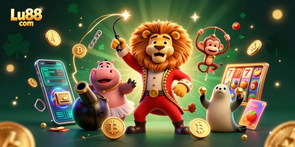 Engage with Lu88 com through an exhilarating casino scene featuring vibrant slots and enchanting characters.
