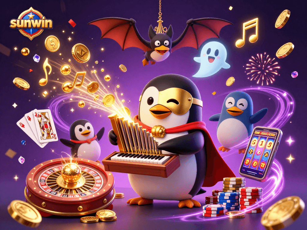 Experience sunwin excitement in a vibrant casino scene featuring dynamic characters and golden elements.