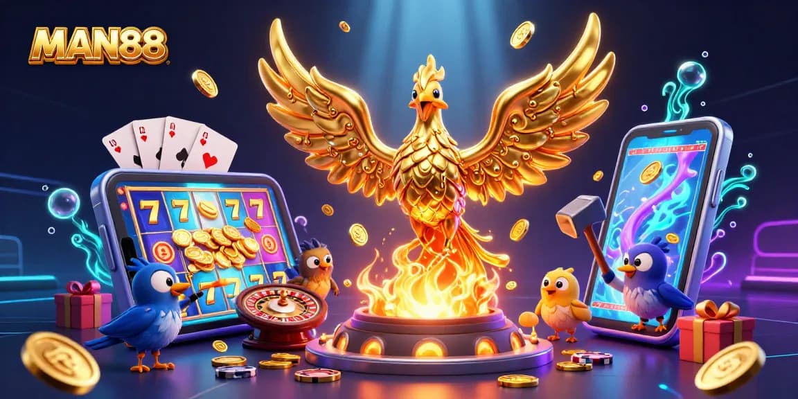Experience high-speed gaming at MAN88 with vibrant casino elements in a stunning 3D scene.