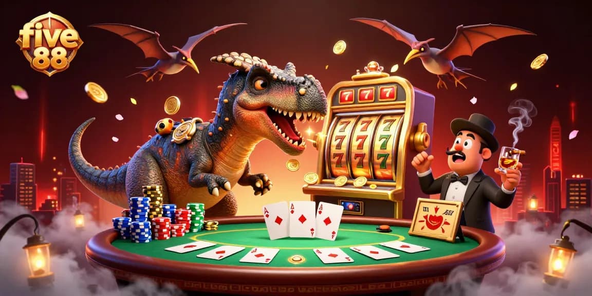 Exciting scene from five 88 showcasing a cartoon dinosaur winning jackpot gold coins at a lively casino.