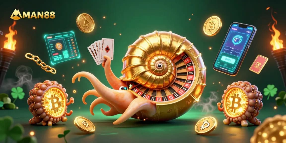 Engage with MAN88's exclusive crypto casino featuring colorful 3D elements and vibrant gaming atmosphere.