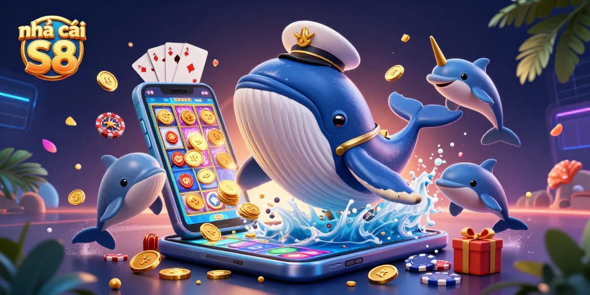 Experience the excitement at Nhà cái S8 with a vibrant 3D illustration featuring engaging game elements and dynamic sea creatures.