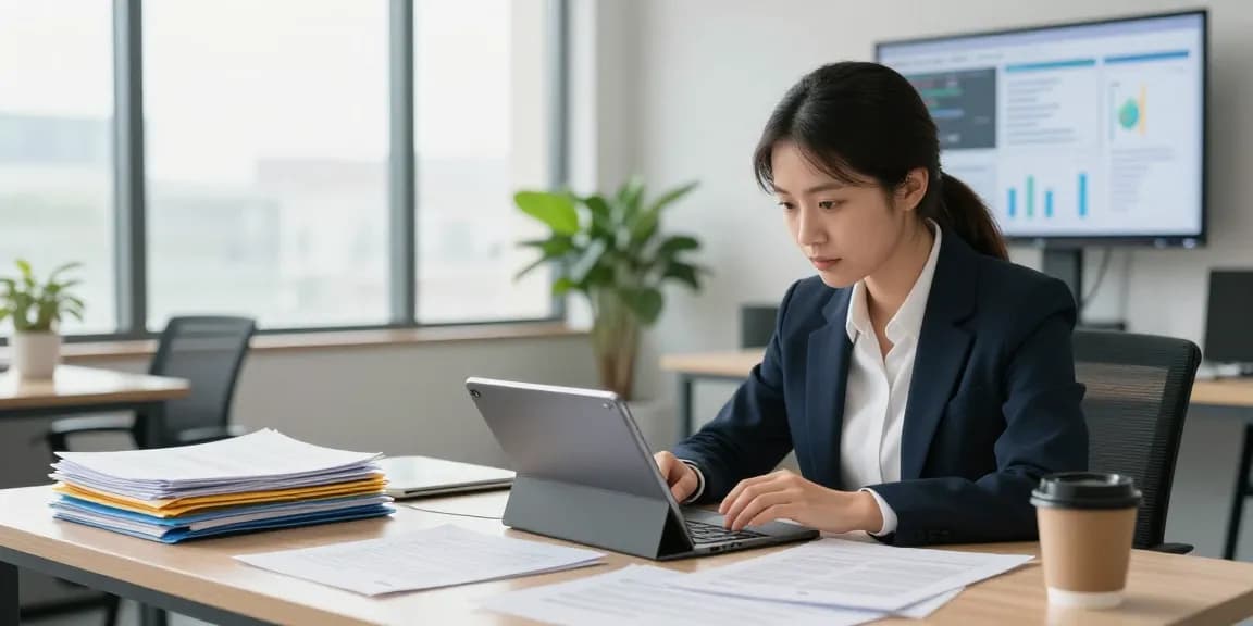 Document fraud detection analysis in a modern office setup with digital tools and documents.