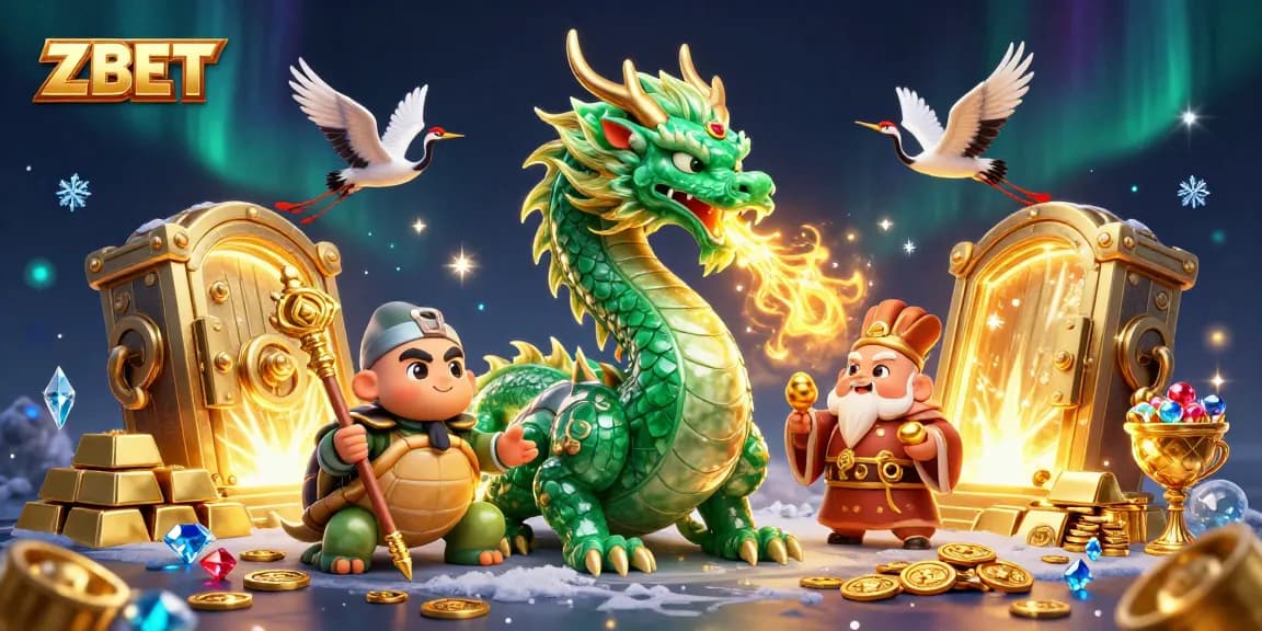 ZBET showcases a massive jade dragon breathing fire amidst riches, inspiring thrilling gameplay.