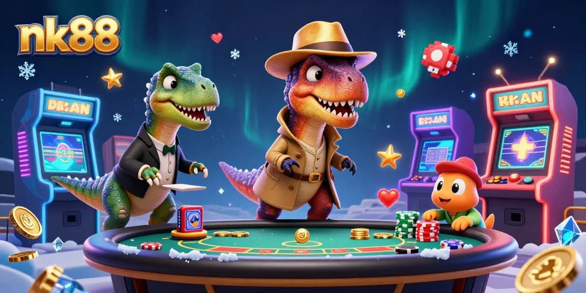 Competitive gaming scene at nk88 with casino-themed dinosaurs engaging in blackjack.