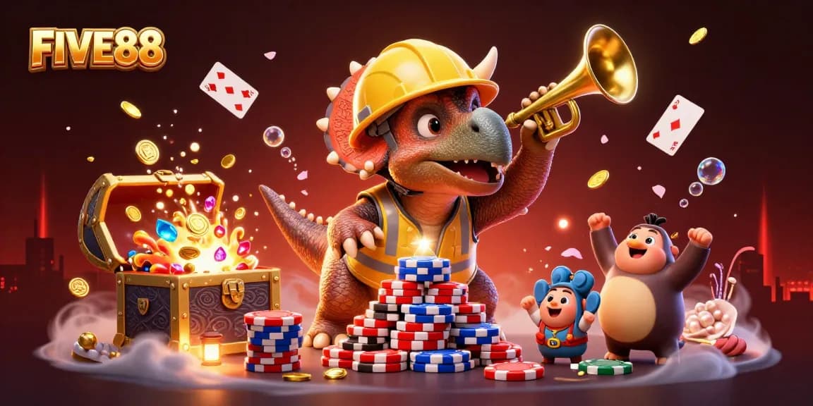 Join the excitement at FIVE88 with a dynamic scene celebrating casino fun and vibrant visuals.