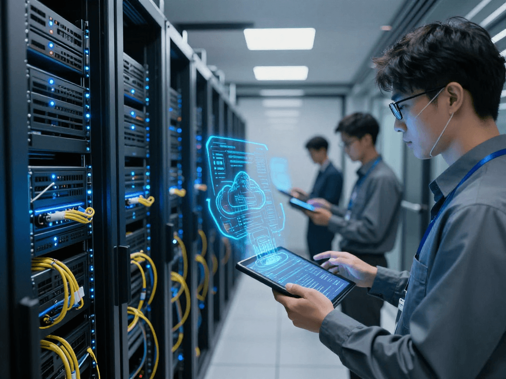 IPTV panel in a modern data centre, showcasing advanced cloud infrastructure and server performance.