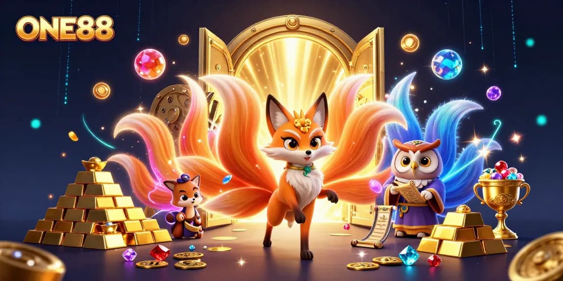 Engage in thrilling adventures at ONE88, featuring a nine-tailed fox spirit and an owl sage surrounded by treasures.