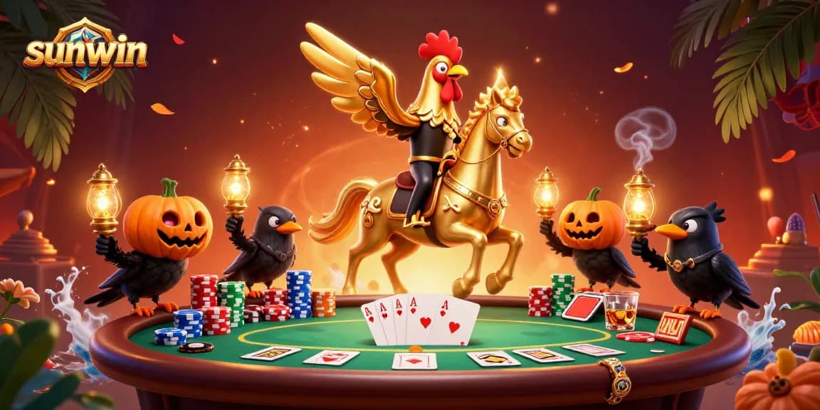 Join the excitement at sunwin with a lively casino scene featuring a golden rooster and poker thrills.
